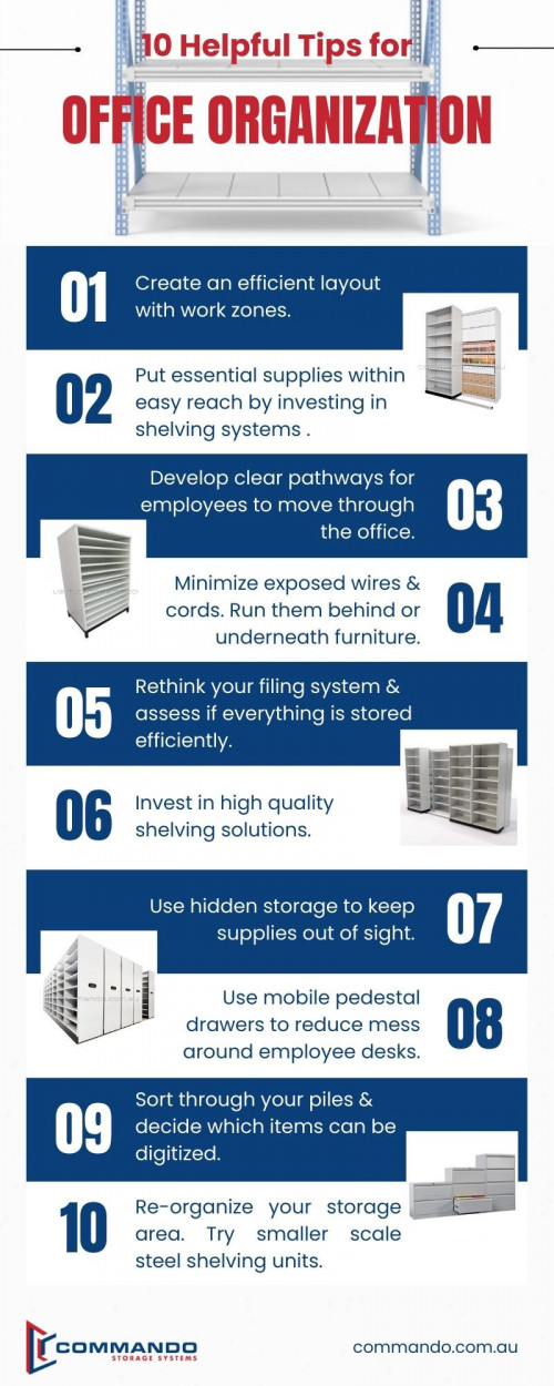 With more and more people returning to work in their offices, it’s a great time to clean up around your workspace and implement some new organization ideas. There are plenty of ways to reduce clutter quickly that you might not know about. Whether it be something simple like getting desks tidy or more complex like introducing new shelving systems into your office. For more information visit the website https://www.commando.com.au/


#storagesystems #shelvingsystems #shelvingsystems #steelshelving