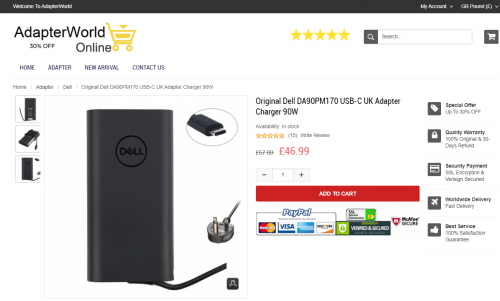 Original Dell DA90PM170 USB-C UK Adapter Charger 90W

https://www.adapterworld.co.uk/dell-c-1_8/original-dell-da90pm170-usbc-uk-adapter-charger-90w-p-14838.html

Product Information

Input:100-240V / 50-60Hz

Voltage-Electric current-Output: 5V/9V/15V/20V-3A/3A/3A/4.5A-90W

Size of the plug: USB-C

Color: Black

Condition: New,Original

Warranty: 1 Year Warranty and 30 Days Money Back

Package Include

1 x Dell Charger

1 x Power Cable with UK Plug