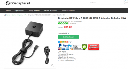 Originele HP Elite x2 1012 G2 USB-C Adapter Oplader 45W

https://www.30adapter.nl/originele-hp-elite-x2-1012-g2-usbc-adapter-oplader-45w-p-33817.html

Product informatie

Input:100-240V / 50-60Hz

Output: 5V/9V/15V==3A 20V==2.25A 45W

Connector: USB-C

Kleur: Zwart

Conditie: Nieuw,Originele

Garantie: 12 maanden garantie en 30 dagen geld terug

Pakket inbegrepen:

1 x EU-PLUG HP Oplader