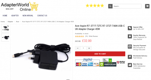 Acer Aspire R7-371T-72TC R7-372T-746N USB-C UK Adapter Charger 45W

https://www.adapterworld.co.uk/acer-c-1_7/acer-aspire-r7371t72tc-r7372t746n-usbc-uk-adapter-charger-45w-p-9679.html

Product Information

Input:100-240V / 50-60Hz

Voltage-Electric current-Output: 5V/12V/20V-2A/3A/2.25A-45W

Size of the plug: USB-C

Color: Black

Condition: New

Warranty: 1 Year Warranty and 30 Days Money Back

Package Include

1 x Acer Charger