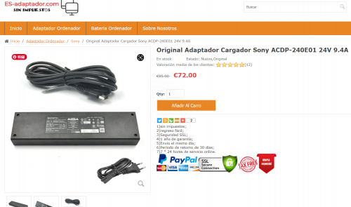 Original Adaptador Cargador Sony ACDP-240E01 24V 9.4A

https://www.es-adaptador.com/original-adaptador-cargador-sony-acdp240e01-24v-94a-p-60746.html

Info producto

Entrada:100-240V / 50-60Hz

Salida: 24V-9.4A-230W

Color: negro

Condición: Nuevo, Original

Garantía: 12 meses de garantía y 30 días de devolución de dinero

Paquete incluido:

1 x Adaptador Sony

1 x Cable EU-PLUG