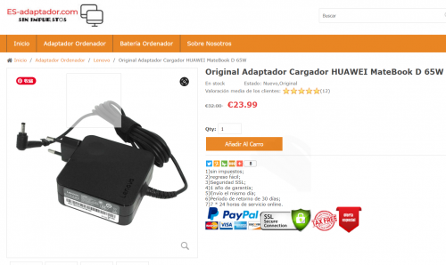 Original Adaptador Cargador HUAWEI MateBook D 65W

https://www.es-adaptador.com/original-adaptador-cargador-huawei-matebook-d-65w-p-44664.html

Info producto

Entrada:100-240V / 50-60Hz

Salida: 20V-3.25A-65W

Tipo de enchufe: 4.0mm / 1.7mm NO Pin

Color: negro

Condición: Nuevo, Original

Garantía: 12 meses de garantía y 30 días de devolución de dinero

Paquete incluido:

1 x Adaptador Lenovo

1 x Cable EU-PLUG