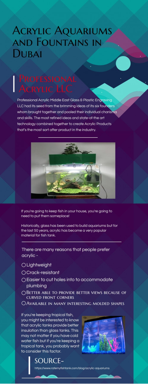Through these infographics, Professional Acrylic LLC informs us about their Acrylic Aquariums and fountains services in Dubai and across UAE. For more information visit our website. http://www.professionalacrylic.com/