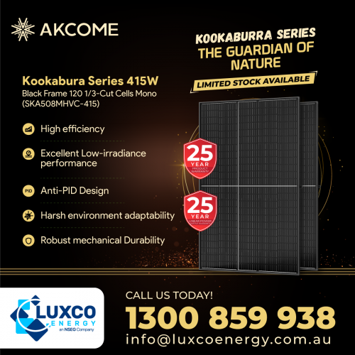 Akcome Kookaburra Module
Energizing the world through power-efficient PV systems, AKCOME has evolved solar modules to be more performance-oriented like the newly launched Kookaburra Series, coined as the guardian of nature for its environment-friendly features! The hype is justified as the system boasts:
✅ High efficiency 
✅ Excellent Low-irradiance performance 
✅ Anti-PID Design 
✅ Harsh environment adaptability 
✅ Robust mechanical Durability 

Visit https://www.luxcoenergy.com.au or email us at info@luxcoenergy.com.au for more information.
(Limited stock available)

#akcome #KookaburraSeries #pvmodules #pvsystem #wholesale #wholesalesolar #luxco #luxcoenergy #solar #solarpanels #solarsystem #solarenergy #solarpower #australia