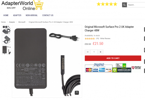 Original Microsoft Surface Pro 2 UK Adapter Charger 48W

https://www.adapterworld.co.uk/microsoft-c-1_20/original-microsoft-surface-pro-2-uk-adapter-charger-48w-p-159615.html

Product Information

Input: AC 100-240V, 50/60Hz

Voltage-Electric current-Output: 12V/5V-3.6A/1A-48W

Size of the plug: 5-Pin

Color: Black

Condition: New,Original

Warranty: 1 Year Warranty and 30 Days Money Back

Package Include:

1 x Microsoft Charger

1 x Power Cable with UK Plug