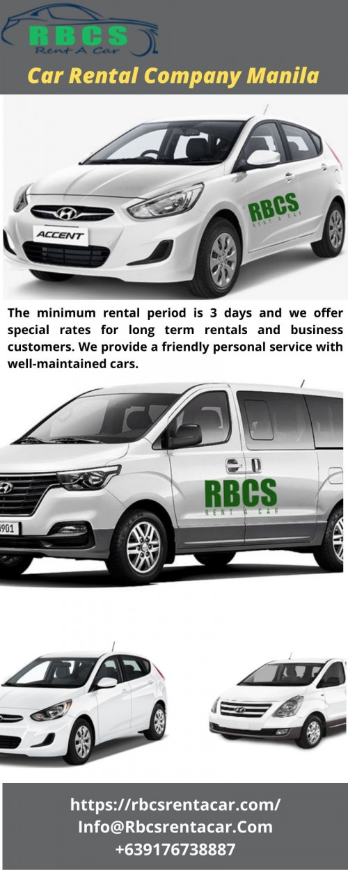 RBCS Rent a Car is a professional and best car rental in Manila that offers vehicles to both private individuals as well as companies. We can also offer the vehicles as self-drive or with a driver if you want. To know more information about our Car Rental Services in Manila, visit our website or call us today on +639176738887.