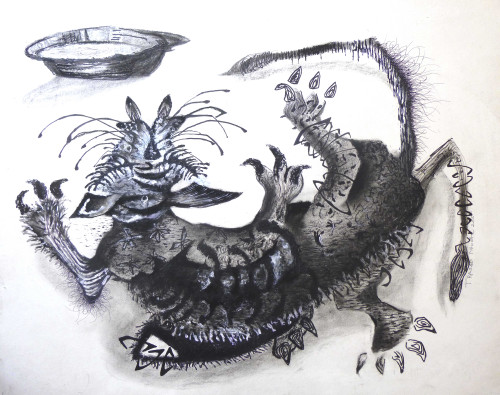 An artistic depiction of a cat with its milk bowl is created by the artist with charcoal.