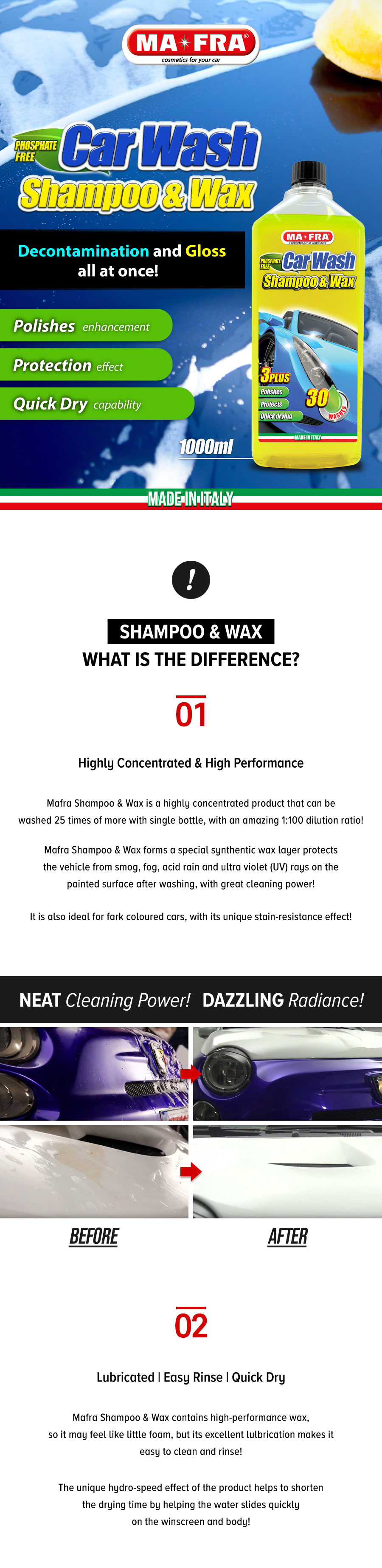 Mafra Shampoo and Wax 1L (Car Shampoo with PH Neutral Hyper Lubricated Hydro Speed Brilliant Shine Effect) - Mafra Official Store Singapore