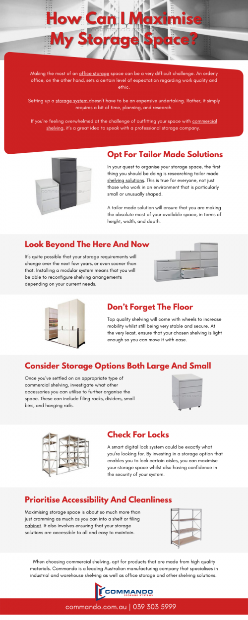 Making the most of an office storage space can be a very difficult challenge. Whatsmore, it’s a conundrum that has a significant impact on the productivity and overall mood of your workers. No one is going to feel inspired in a cluttered, messy environment. An orderly office, on the other hand, sets a certain level of expectation regarding work quality and ethic. Setting up a storage system doesn’t have to be an expensive undertaking. Rather, it simply requires a bit of time, planning, and research. Visit: https://www.commando.com.au/

#storagesystems #shelvingsystems #CommandoStorageSystems