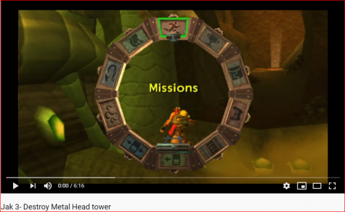 Destroy Metal Head tower is a mission in Jak 3. After blowing the Tower door open, Jak and Daxter went inside trying to find Cyber Errol and bring the tower down.Completion of this mission in the PlayStation 3, PlayStation Vita, and PlayStation 4 versions of Jak 3 will unlock the silver trophy Big Tower Fall Down.Despite the name, there are no Metal Heads inside. It is solely occupied with a large number of troopers and hornets, as well as tiny dark splitters that spawn out of holes in the walls. The small fry are just a nuisance, but you want to use the big guns in your arsenal against the Dark Makers much like before. For the majority of this level, you just have to go forward, fighting through lots of enemies, then when they are killed, usually open up a path or bring down a platform of sorts.
 
Web:- https://www.youtube.com/watch?v=vZORhVPPDJs