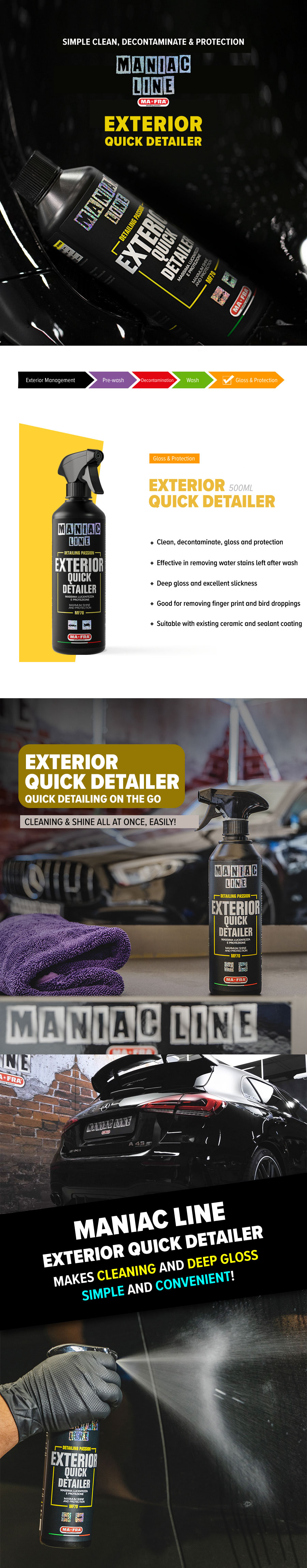 Ma-Fra , Maniac Car Detaling Line, Exterior Quick Detailer, Massima  Lucentezza e Protezione in poche passate, Pulisce, Lucida e Protegge le  Superfici Esterne Auto, 500ml : : Auto e Moto