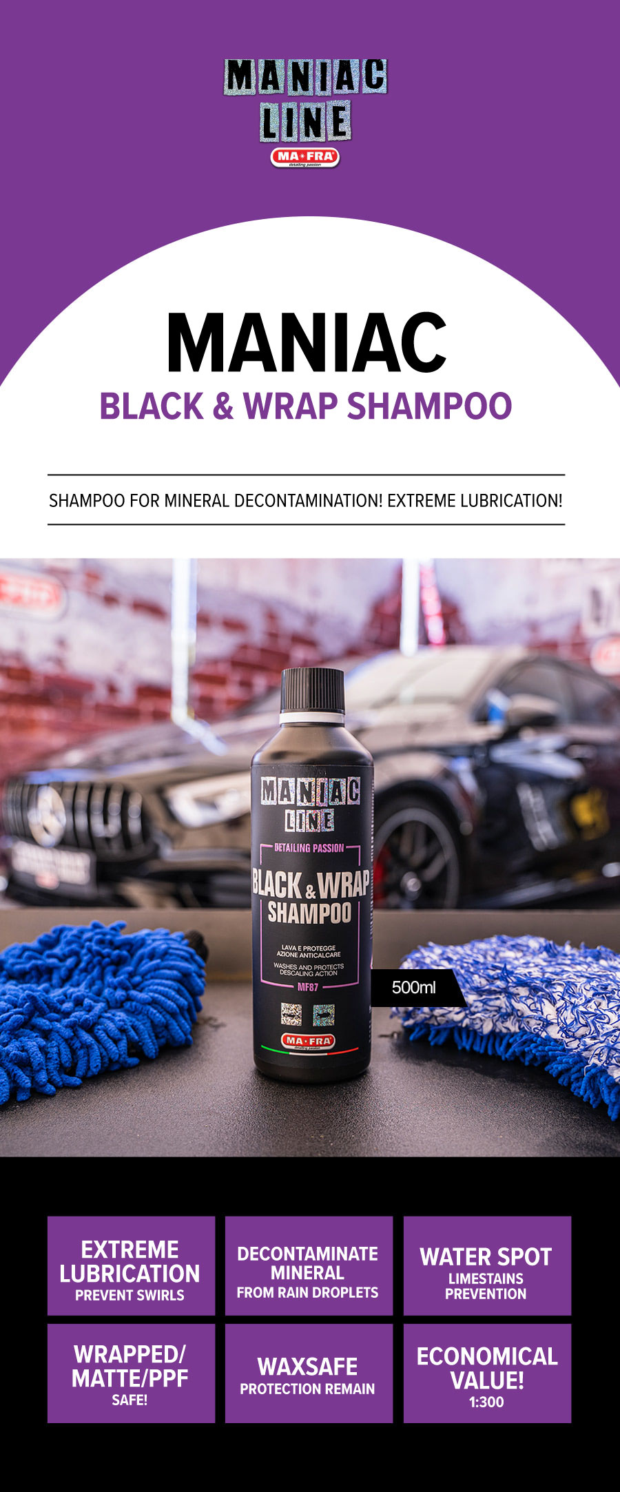 Mafra Maniac Line Black and Wrap Shampoo 500ml (Special formulated 2 in 1 Revitalise Rejuvenate Anti Limescale for Dark Colour Black PPF Matte Film Coated Cars) - Mafra Official Store Singapore