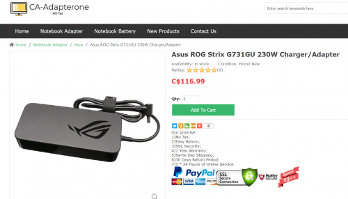 Asus ROG Strix G731GU 230W Charger/Adapter

https://www.adapterone.com/asus-rog-strix-g731gu-230w-chargeradapter-p-130889.html

Product Info

Input:100-240V / 50-60Hz

Voltage-Electric current-Output Power: 19.5V-11.8A-230W

Plug Type: 6.0mm / 3.7mm

Color: Black

Condition: New,Genuine 100% Original

Warranty: Full 12 Months Warranty and 30 Days Money Back

Package included:

1 x Asus Charger

1 x US-PLUG Cable(or fit your country)