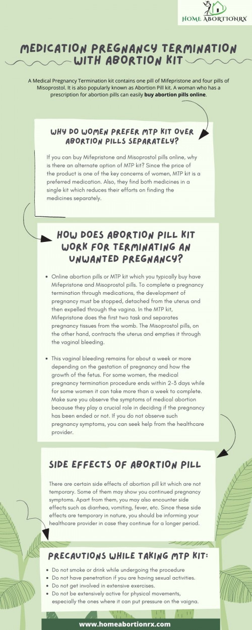 A Medical Pregnancy Termination kit contains one pill of Mifepristone and four pills of Misoprostol. To complete a pregnancy termination through medications, the development of pregnancy must be stopped.A woman who has a prescription for abortion pills can easily buy Abortion pill kit online on homeabortionrx.com.