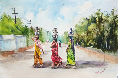 Painting of three Gujarati women walking to fetch water.