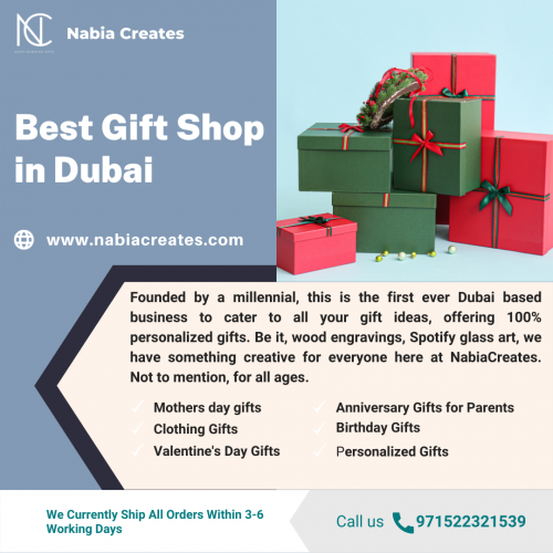 Founded by a millennial, this is the first ever Dubai based business to cater to all your gift ideas, offering 100% personalized gifts. Be it, wood engravings, spotify glass art, we have something creative for everyone here at NabiaCreates. Not to mention, for all ages.

Our Website: https://nabiacreates.com/
Business Email: nabiacreates@gmail.com
Address: Al Nahda - Dubai - United Arab Emirates
Phone: 971522321539

#oops #oopsie #spotify #spotifypremium #spotifyglass #glassbottle #customizedbottles #handmade #dubaibusiness #smallbusinessdubai #dubai #uae