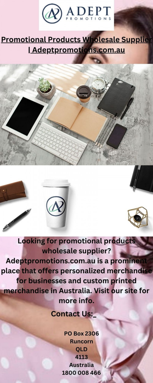 Looking for promotional products wholesale supplier? Adeptpromotions.com.au is a prominent place that offers personalized merchandise for businesses and custom printed merchandise in Australia. Visit our site for more info.

https://adeptpromotions.com.au/