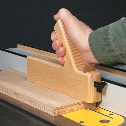 Many woodworkers create their Push Blocks and use a “heel” which helps them to push the stock past the blade. In this block, there is a heel that can be replaced or even adjusted. https://www.woodsmith.com/article/table-saw-push-block/