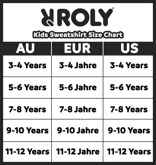 ROLY Kids Sweatshirt size chart AU