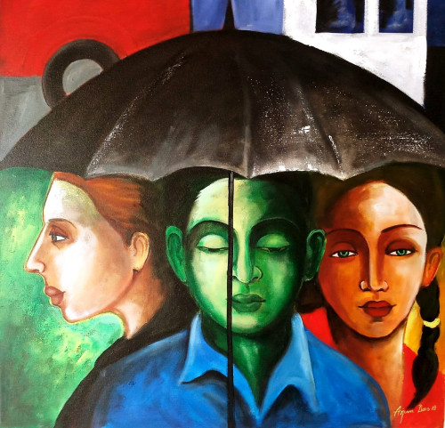 This is original kind of painting that has been done using acrylic on canvas illustrating the rainy days where few people are waiting for the rain to stop.