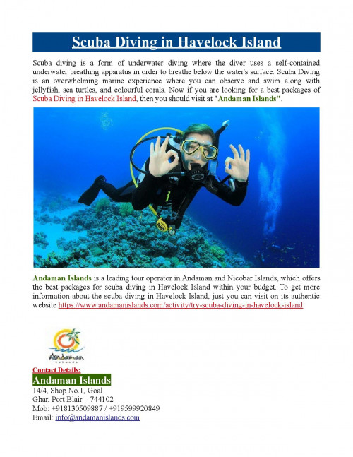 Andaman Islands offers the best packages for scuba diving in Havelock Island within your budget. To know more about scuba diving in Havelock Island, just visit at https://www.andamanislands.com/activity/try-scuba-diving-in-havelock-island
