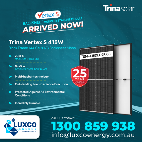 With a perfect blend of sleek, modern design and lightweight construction, this power-packed new Vertex S415 W solar system is the newest offering from Trina. This solar system features high-quality components so that you can rest easy knowing your investment is protected.
 
✔️ 20.8% Maximum Efficiency
✔️ 0~+5 Positive Power Tolerance
✔️ Pinnacle of Efficiency
✔️ Outstanding Low-irradiance Execution
✔️ Protected Against All Environmental Conditions
✔️ Incredibly Durable
 
For more information, please contact your account manager or email us at info@luxcoenergy.com.au.
https://www.luxcoenergy.com.au/
 
#trina #trinasolar #trinasolarpanel #trinavertex #solar #solarpanel #solarpanelsystem  #reliablesolarpanel #gosolar #gogreen #wholesalesolar #solarenergy #solarpower #solarenergyproduct #luxcoenergy #australia