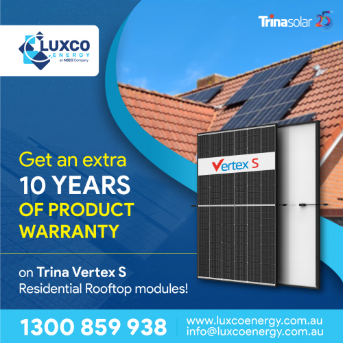 When it comes to solar panels, durability matters. That's why Trina Solar is extending its 15-year product warranty for Vertex S Residential Rooftop modules to 25-year - that's 25 years of worry-free solar power. 

Browse our wide range of Trina Solar panels at https://www.luxcoenergy.com.au/wholesale-solar-panels/trina/.

For more information, please contact your account manager or email us at info@luxcoenergy.com.au.