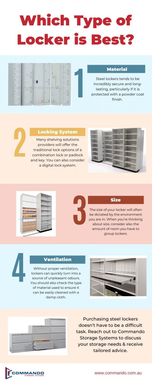 Purchasing steel lockers doesn’t have to be a difficult task, even if there are plenty of products out there. Consider reaching out to a shelving solutions supplier to discuss your storage needs and receive tailored advice about which make and model of locker is best for you. For more information visit the website https://www.commando.com.au/products/lockers-seats-and-stands/lockers/

#shelvingsolutions #steellockers #CommandoStorageSystems #storagesystems #shelvingsystems