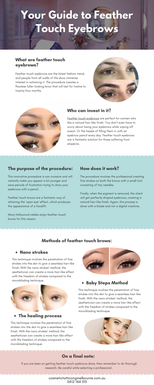 If you are keen on getting feather touch eyebrows done, then remember to do thorough research. If the professional you choose is not well trained, you might be indulging in a dangerous risk. Hence be careful while selecting a professional. Ensure that they are technically trained artists who have the expertise to use digital machines to create a safe experience for you. Proper hygiene and clinical procedures should be their top priority to avoid complications. Visit: https://cosmetictattooingmelbourne.com.au/eyebrow-tattooing/

#FeatherTouchEyebrows #cosmetictattooing #CosmeticTattooingMelbourne