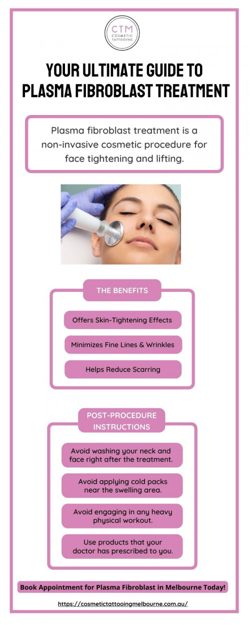 Plasma fibroblast treatment is a non-invasive cosmetic procedure for face tightening and lifting. A pen-like device, usually called a plasma pen, is used to pass small electric currents to the targeted area that creates micro-wounds to promote collagen production. This revolutionary skin tightening treatment works by promoting collagen production, providing long-lasting effects as compared to traditional Botox and fillers. The tip of the plasma pen doesn’t touch the skin, but it remains just above it to pass the electric currents. Due to the micro-injuries, the skin is tricked into producing more collagen for healing. For more information Visit the website https://cosmetictattooingmelbourne.com.au/plasma-fibroblast-therapy/

#Plasmafibroblasttreatment #plasmafibroblastMelbourne #cosmetictattooing #CosmeticTattooingMelbourne