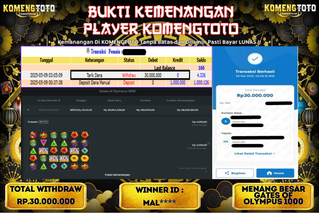 LAGI & LAGI!! KEMENANGAN BESAR DI SLOT  GATES OF OLYMPUS 1000  SEBESAR Rp.30.000.000 KOMENGTOTO BAYAR LUNAS SECEPAT KILAT !! KOMENGTOTO BAYAR SECEPAT KILAT !!