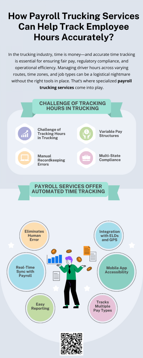 Accurate tracking of employee hours is critical in the trucking industry, and payroll trucking services provide the tools and technology to do it right. From integrating with ELDs to ensuring legal compliance, these services help streamline payroll, reduce errors, and foster a more efficient and transparent work environment. Investing in a professional payroll solution is not just a smart financial decision—it’s a strategic move toward long-term success. To know more visit here https://www.truckersprocpa.ca/trucking-payroll-services