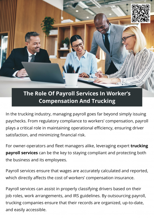 Trucking payroll services play a vital role in supporting workers’ compensation compliance and financial stability within the trucking industry. By ensuring accurate wage reporting, proper worker classification, and detailed recordkeeping, these services help trucking businesses stay protected, efficient, and legally compliant. To know more visit here https://www.truckersprocpa.ca/trucking-payroll-services