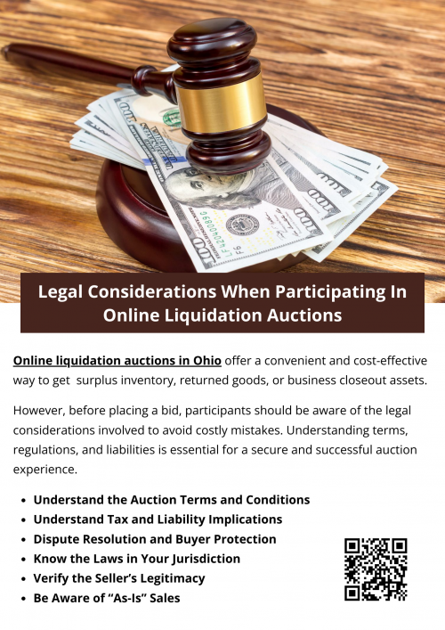 Participating in online liquidation auctions in Ohio can be profitable, but it requires legal awareness. By understanding auction terms, verifying sellers, complying with laws, and recognizing the risks of “as-is” purchases, buyers can protect themselves and maximize the value of their auction investments. To know more visit here https://www.wyethauctions.com/