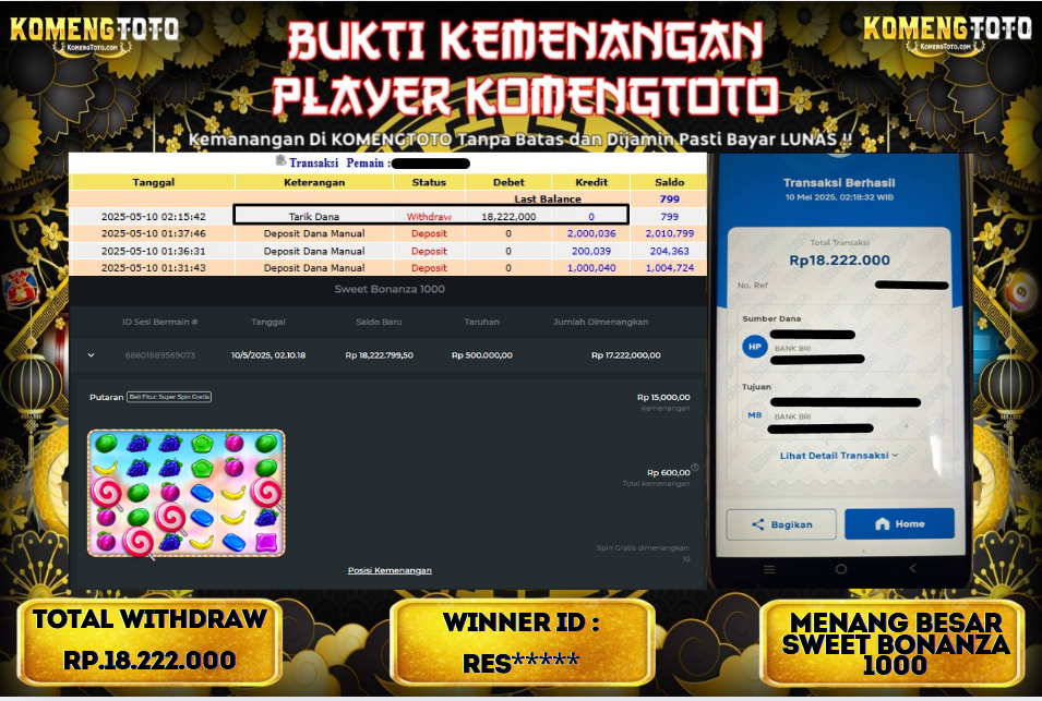 LAGI & LAGI!! KEMENANGAN BESAR DI SLOT SWEET BONANZA  1000 SEBESAR Rp.18.222.000 KOMENGTOTO BAYAR LUNAS SECEPAT KILAT !! KOMENGTOTO BAYAR SECEPAT KILAT !!