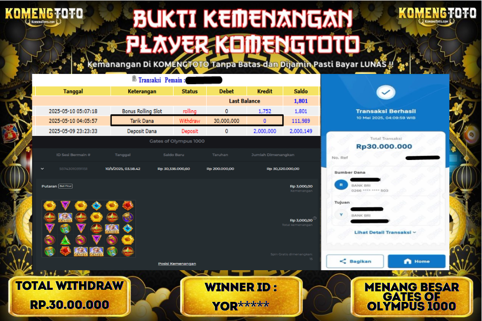 LAGI & LAGI!! KEMENANGAN BESAR DI SLOT GATES OF OLYMPYUS 1000  SEBESAR Rp.30.000.000 KOMENGTOTO BAYAR LUNAS SECEPAT KILAT !! KOMENGTOTO BAYAR SECEPAT KILAT !!