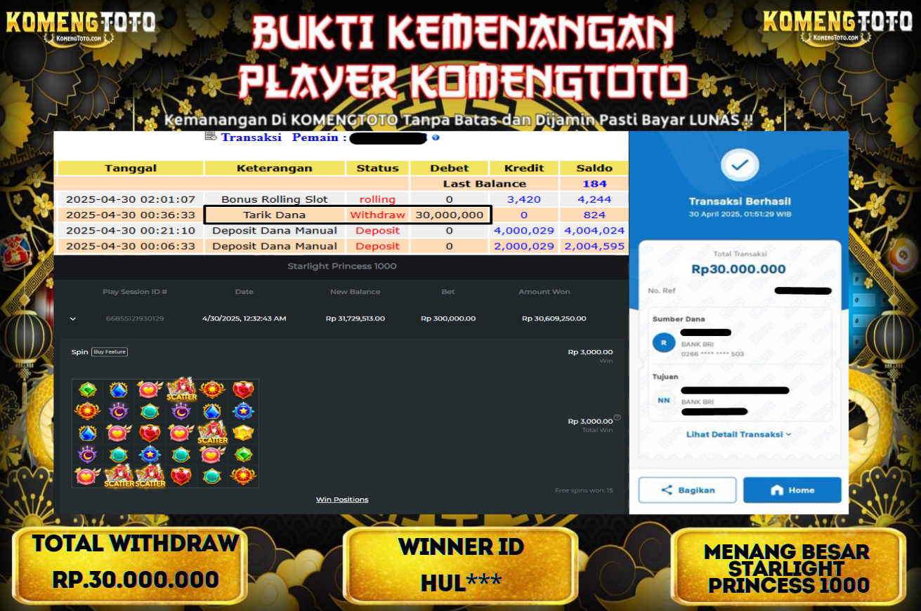 LAGI & LAGI!! KEMENANGAN BESAR DI SLOT  STARLIGHT PRINCES 1000 SEBESAR Rp.30.000.000 KOMENGTOTO BAYAR LUNAS SECEPAT KILAT !! KOMENGTOTO BAYAR SECEPAT KILAT !!
