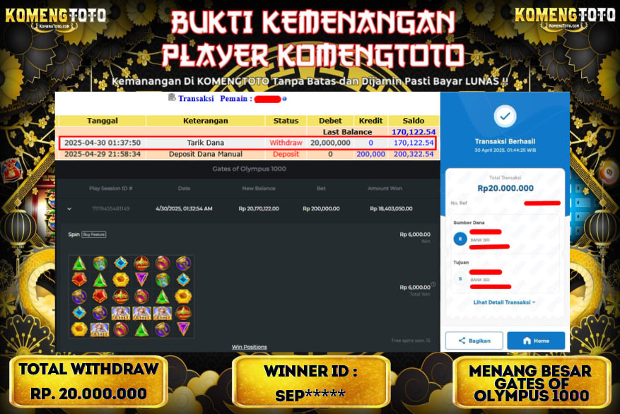 LAGI & LAGI!! KEMENANGAN BESAR DI SLOT  GATES OF OLYMPUS 1000  SEBESAR Rp.20.000.000 KOMENGTOTO BAYAR LUNAS SECEPAT KILAT !! KOMENGTOTO BAYAR SECEPAT KILAT !!