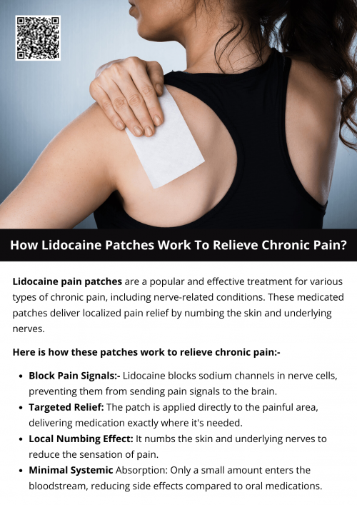 Lidocaine pain patches provide a localized, effective, and non-addictive way to manage chronic pain. By numbing overactive nerves at the source, they offer targeted relief with fewer systemic side effects. When used as directed and under a healthcare provider’s guidance, they can significantly improve the quality of life for those dealing with persistent pain conditions. To know more visit here https://topcarebrand.com/product/topcare-health-maximum-strength-4-lidocaine-pain-relief-patch-6-ea/
