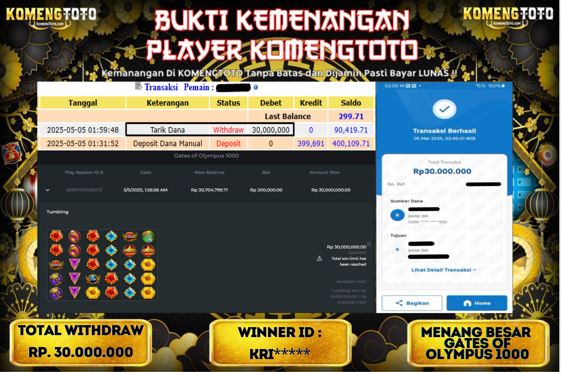 LAGI & LAGI!! KEMENANGAN BESAR DI SLOT  GATES OF OLYMPUS 1000  SEBESAR Rp.30.000.000 KOMENGTOTO BAYAR LUNAS SECEPAT KILAT !! KOMENGTOTO BAYAR SECEPAT KILAT !!