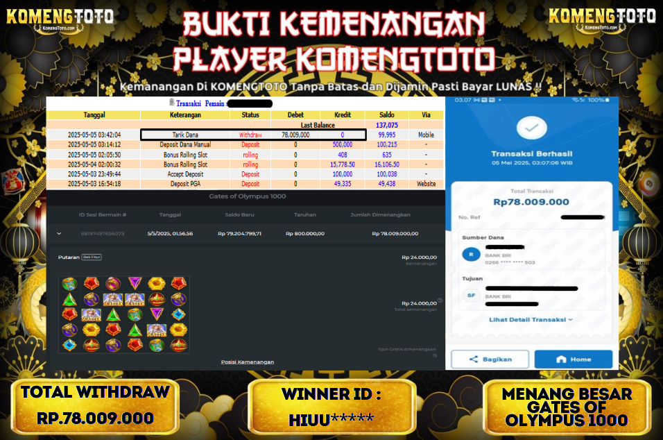 LAGI & LAGI!! KEMENANGAN BESAR DI SLOT GATES OF OLYMPYUS 1000  SEBESAR Rp.78.009.000 KOMENGTOTO BAYAR LUNAS SECEPAT KILAT !! KOMENGTOTO BAYAR SECEPAT KILAT !!