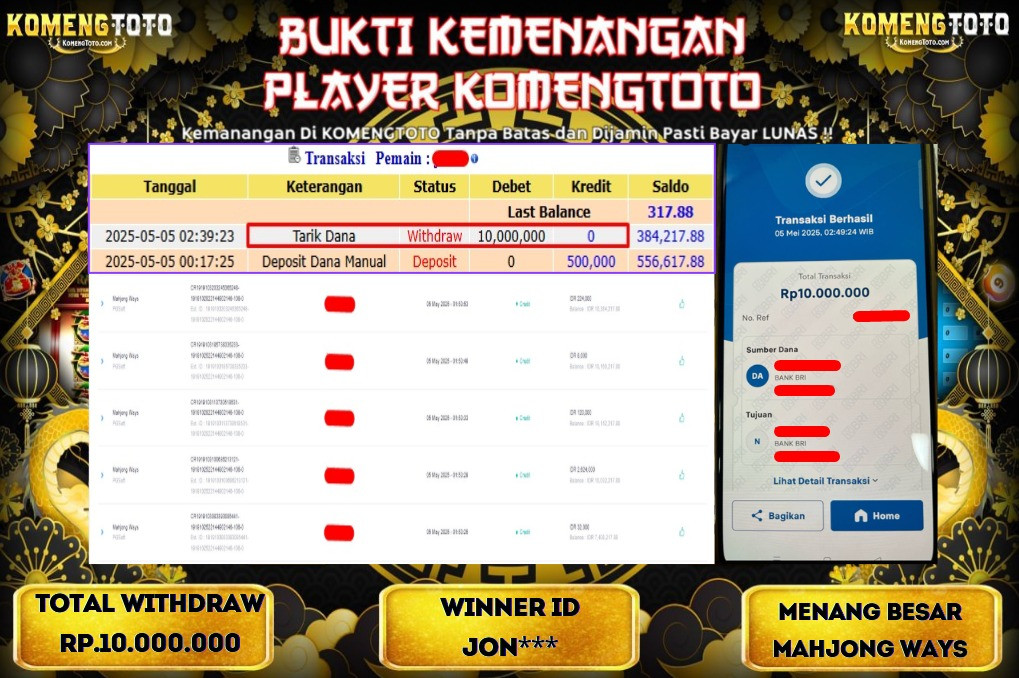 LAGI & LAGI!! KEMENANGAN BESAR DI SLOT MAHJONG WAYS  SEBESAR Rp.10.000.000 KOMENGTOTO BAYAR LUNAS SECEPAT KILAT !! KOMENGTOTO BAYAR SECEPAT KILAT !!