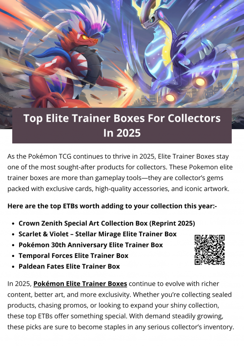 In 2025, Pokémon Elite Trainer Boxes continue to evolve with richer content, better art, and more exclusivity. Whether you’re collecting sealed products, chasing promos, or looking to expand your shiny collection, these top ETBs offer something special. With demand steadily growing, these picks are sure to become staples in any serious collector’s inventory. To know more visit here https://thecardvault.co.uk/collections/pokemon-trading-card-game-elite-trainer-boxes