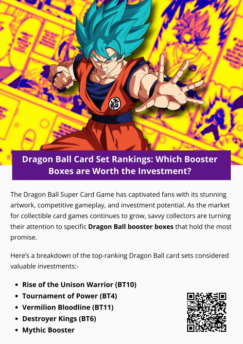 When investing in Dragon Ball booster boxes, condition, scarcity, and character popularity are key factors. Older boxes with low print runs and iconic cards offer the most upside, while newer sets with unique mechanics provide future growth opportunities. For long-term value, focus on sealed boxes of top-tier sets like Tournament of Power and Destroyer Kings. As always, research market trends and beware of counterfeits to protect your investment. To know more visit here https://thecardvault.co.uk/collections/dragon-ball-super-cg-sealed-products