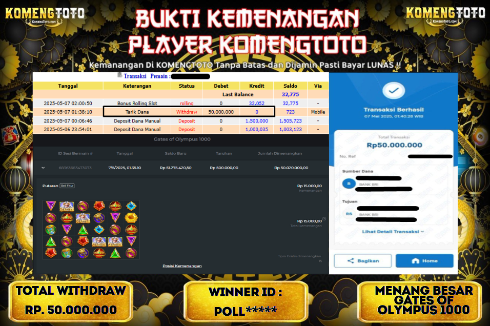 LAGI & LAGI!! KEMENANGAN BESAR DI SLOT GATES OF OLYMPYUS 1000  SEBESAR Rp.50.000.000 KOMENGTOTO BAYAR LUNAS SECEPAT KILAT !! KOMENGTOTO BAYAR SECEPAT KILAT !!