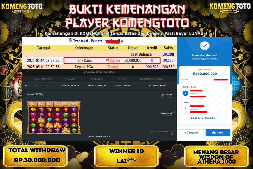 LAGI & LAGI!! KEMENANGAN BESAR DI SLOT  WISDOM OF ATHENA 1000 SEBESAR Rp.30.000.000 KOMENGTOTO BAYAR LUNAS SECEPAT KILAT !! KOMENGTOTO BAYAR SECEPAT KILAT !!