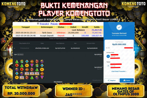 LAGI & LAGI!! KEMENANGAN BESAR DI SLOT  GATES OF OLYMPUS 1000  SEBESAR Rp.20.000.000 KOMENGTOTO BAYAR LUNAS SECEPAT KILAT !! KOMENGTOTO BAYAR SECEPAT KILAT !!