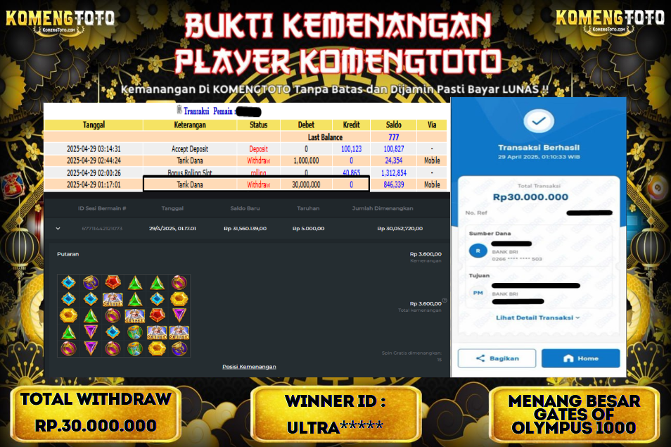 LAGI & LAGI!! KEMENANGAN BESAR DI SLOT GATES OF OLYMPYUS 1000  SEBESAR Rp.30.000.000 KOMENGTOTO BAYAR LUNAS SECEPAT KILAT !! KOMENGTOTO BAYAR SECEPAT KILAT !!