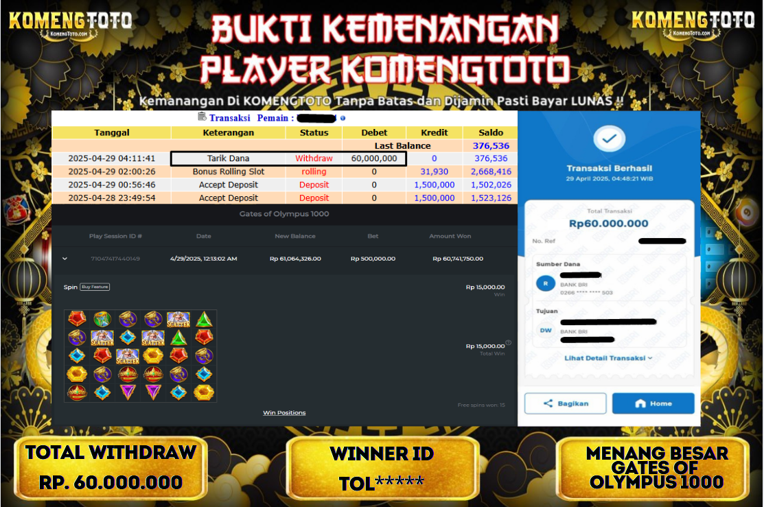 LAGI & LAGI!! KEMENANGAN BESAR DI SLOT  GATES OF OLYMPUS 1000  SEBESAR Rp.60.000.000 KOMENGTOTO BAYAR LUNAS SECEPAT KILAT !! KOMENGTOTO BAYAR SECEPAT KILAT !!