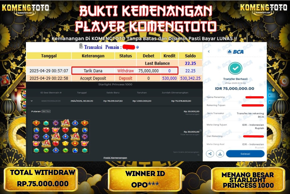 LAGI & LAGI!! KEMENANGAN BESAR DI SLOT STARLIGHT PRINCESS 1000 SEBESAR Rp.75.000.000 KOMENGTOTO BAYAR LUNAS SECEPAT KILAT !! KOMENGTOTO BAYAR SECEPAT KILAT !!